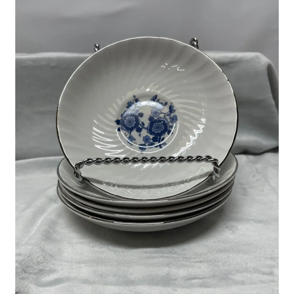 Enoch Wedgwood Royal Blue Ironstone Saucers‎ Set of 5 Floral Swirl White Blue